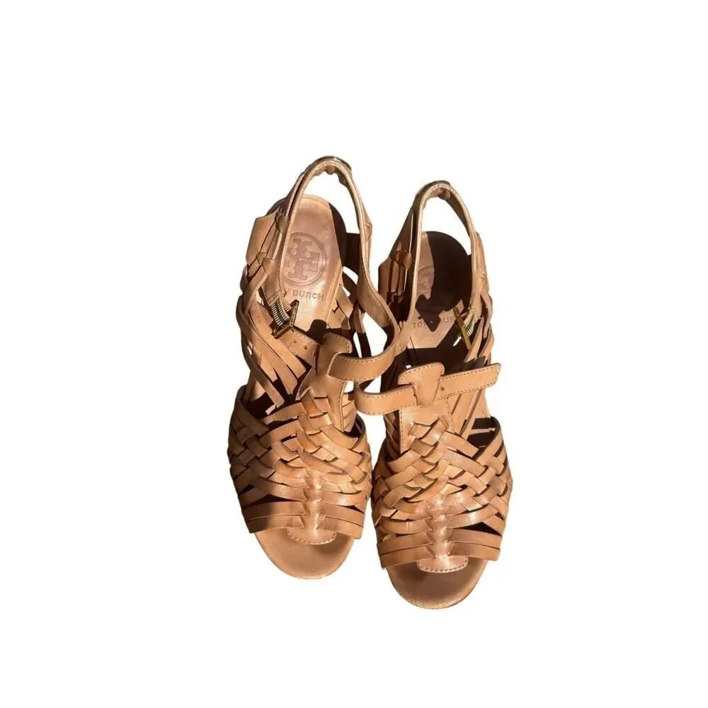 Tory Burch Nadia Huarache Woven Tan Leather Sandals heels size 5.5 M